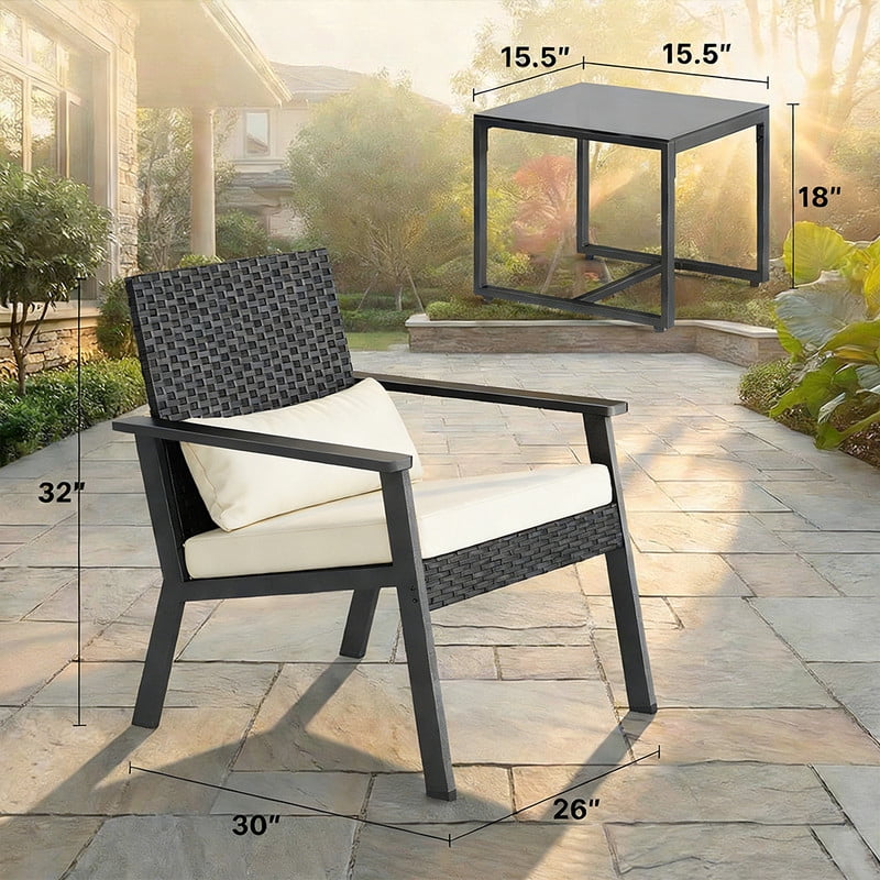 3-Piece Wicker Outdoor Patio Furniture Set with Glass Table, Ergonomic Chairs for Balcony, Porch, Garden & Poolside, Beige