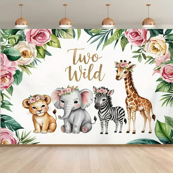 Two Wild Backdrop for Girls Jungle Safari Animals 2nd Birthday Photography Background Cute Giraffe Lion Elephant Zebra Floral Crown Second Birthday Party Decorations Banner Photo Booth Props