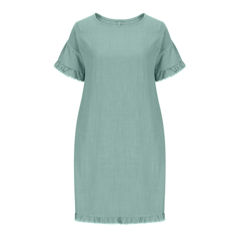 ZZwxWA Womens Loose Linen Mini Dress Summer Modest Frayed T Shirt Dress  Flowy Ruffle Short Sleeve Shift Dress Pocket - Walmart.com