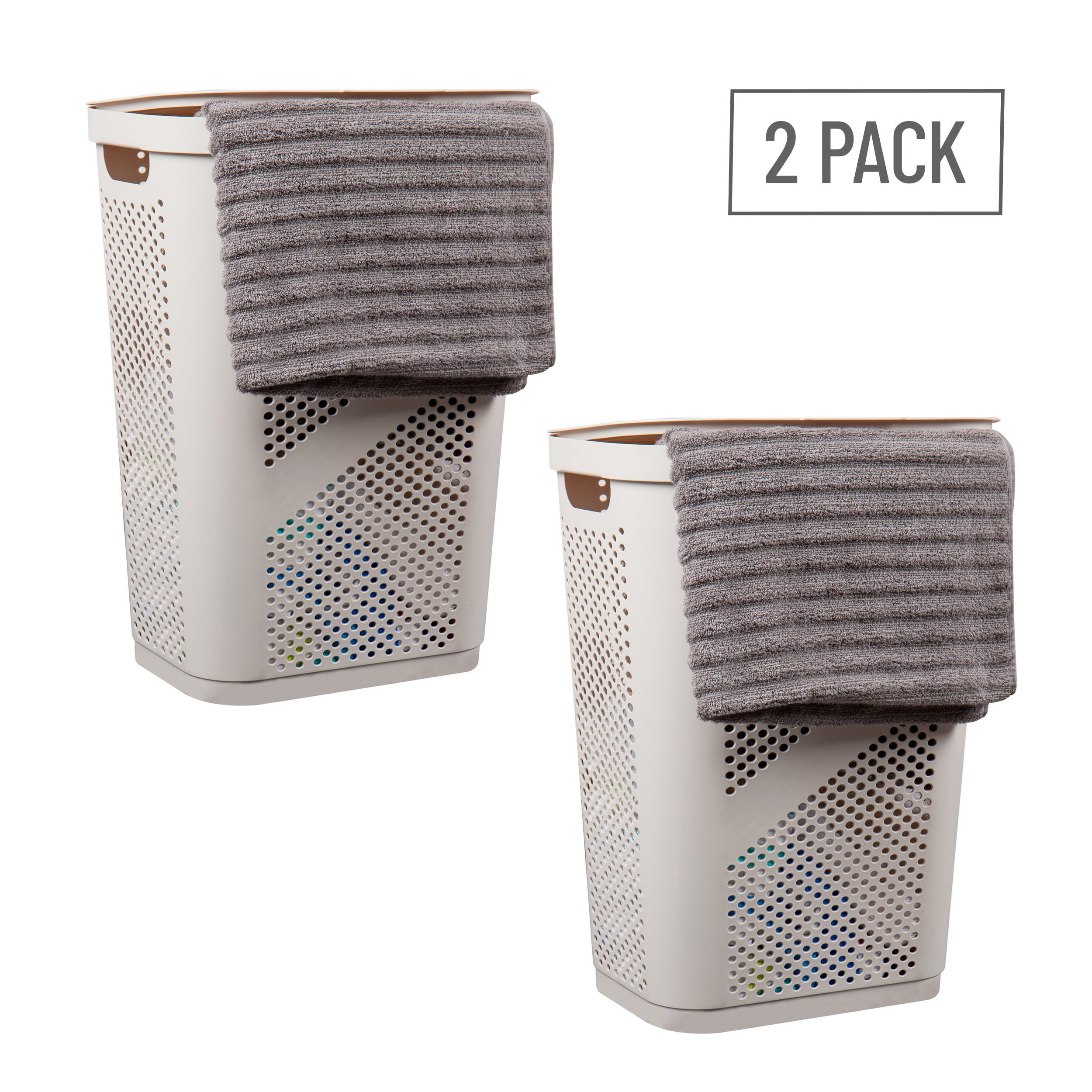 Mind Reader 60L Slim Laundry Hamper, Clothes Basket, Lid, Ventilated, Plastic, Set of 2, Ivory