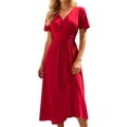 thumbnail image 3 of JTieacloth Casual Dresses for Women Short Sleeve V Neck Summer Dress Elastic Waist A-Line Dresses,Red, 3 of 6