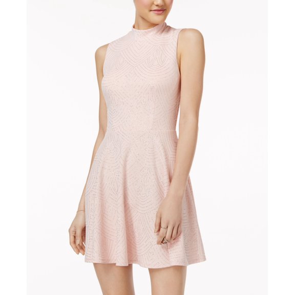 City Studios Juniors' Mock-Neck Glitter Skater Dress (Blush Silver, 11)