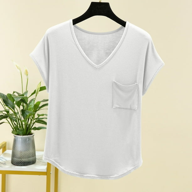 Fiudx Ofertas Flash Del Día Solo En Línea Camiseta de Manga Corta con Cuello En V y Bolsillo En El Pecho para Mujer, Top/Camisa de Manga Corta con Cuello En V