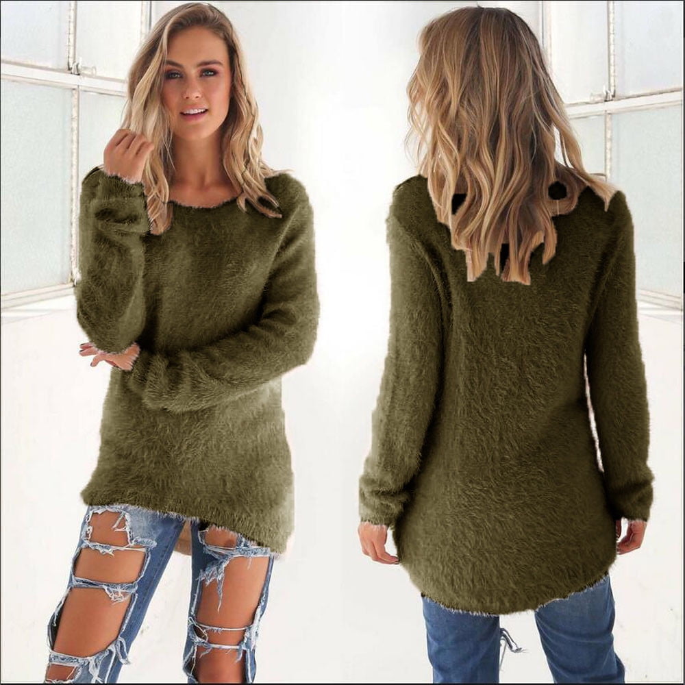 Womens Casual Solid Long Sleeve Jumper Sweaters Blouse Tops 