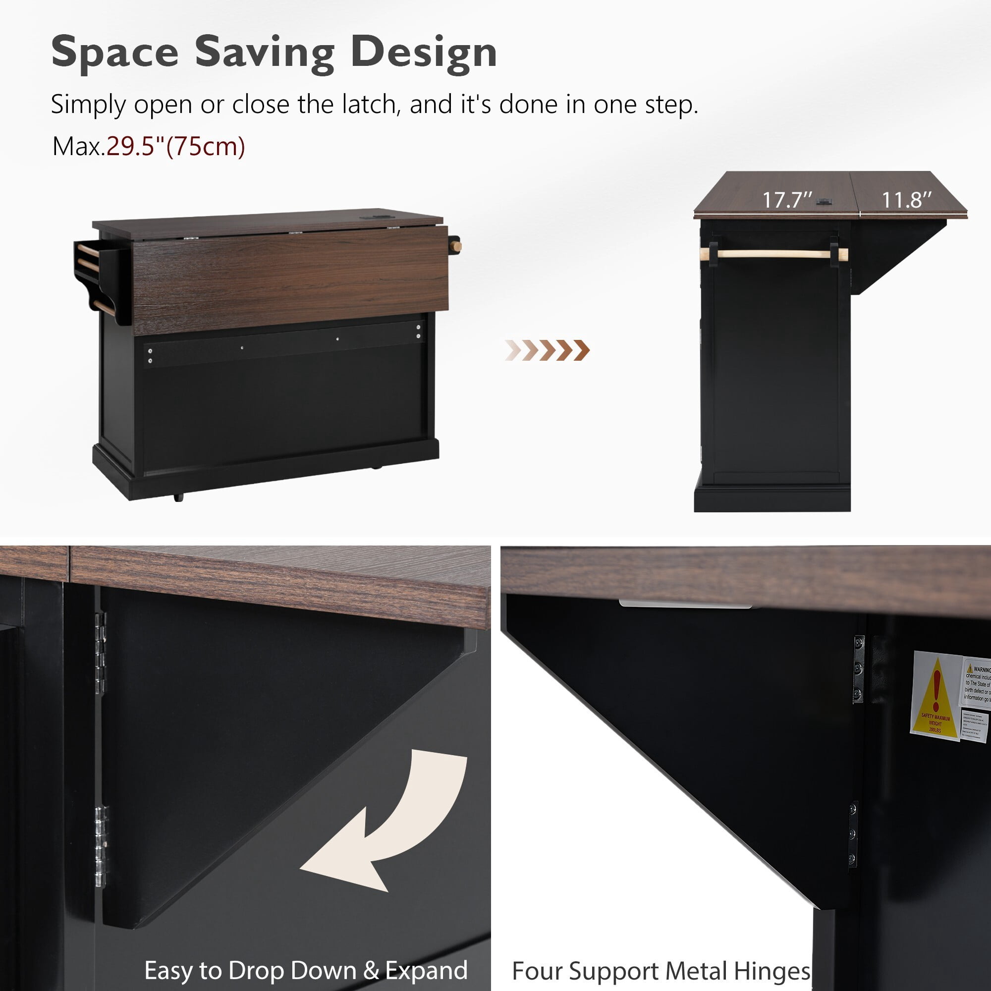 AENKYO 54.9'' Farmhouse Kitchen Island Cart with Drop Leaf, Charging Station, Adjustable Shelves, and Lockable Wheels, Black