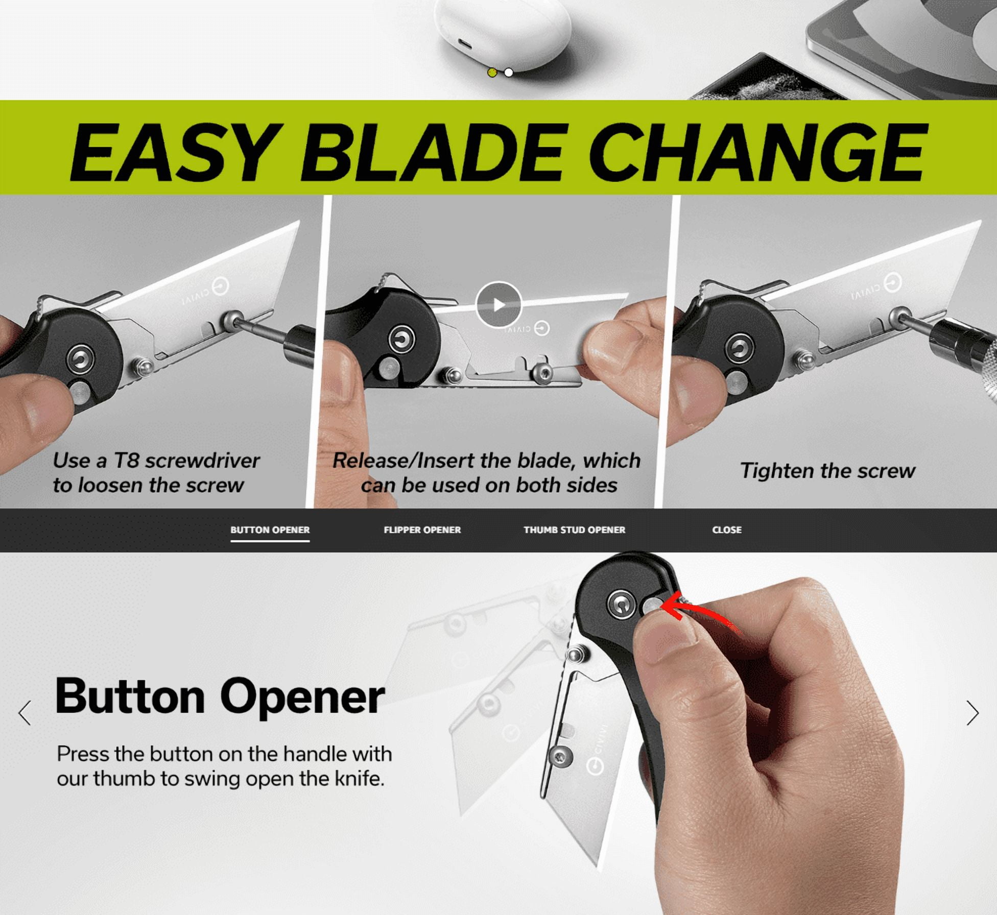 CIVIVI Elementum Utility Pocket Knife Box Cutter Set with 3Pcs Extra Razor Blades C23039B-2