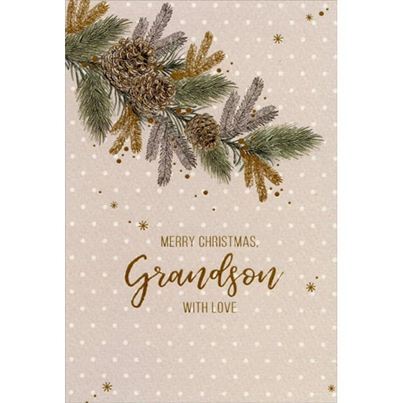 Pictura Pine Cones and White Polka Dots Grandson Christmas Card