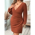 thumbnail image 4 of Large Size Women'S Wrap V Neck Bodycon Mini Dress Puff Long Sleeve Ruched Brown XXL, 4 of 7