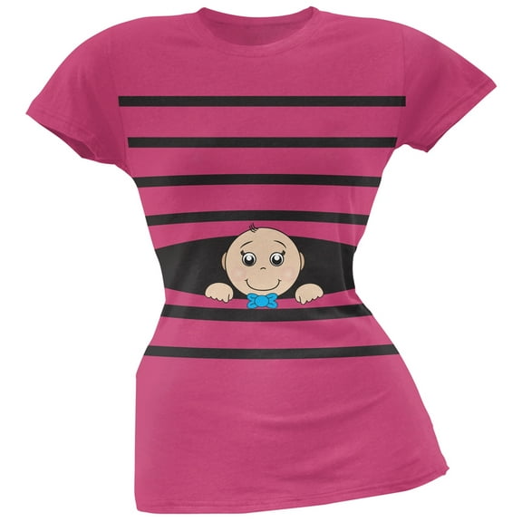 Striped Peeking Baby Boy Pink Soft Juniors T-Shirt