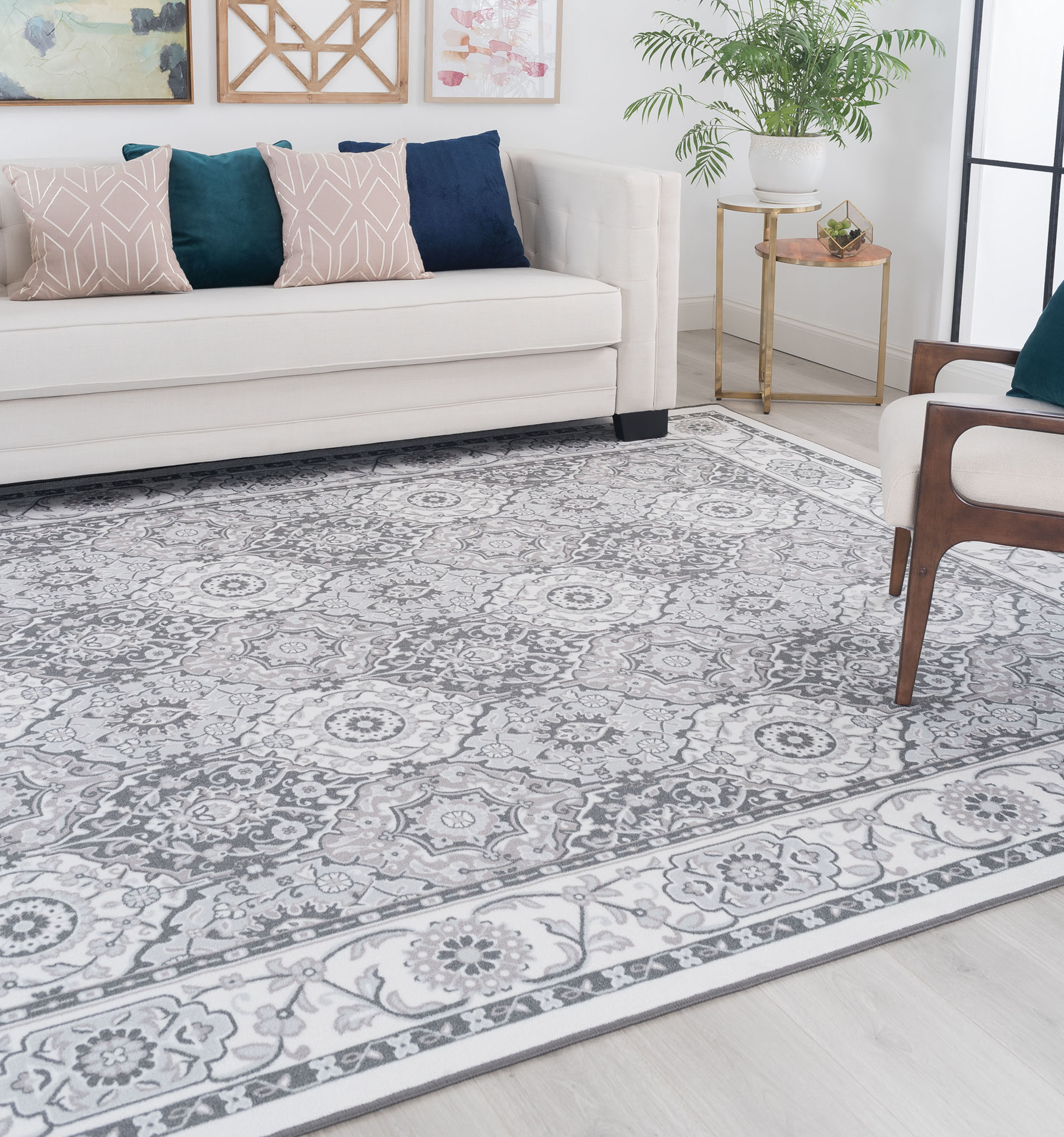 Traditional 7x10 Area Rug (6'7'' x 9'6'') Oriental Ivory, Gray Living Room Easy to Clean