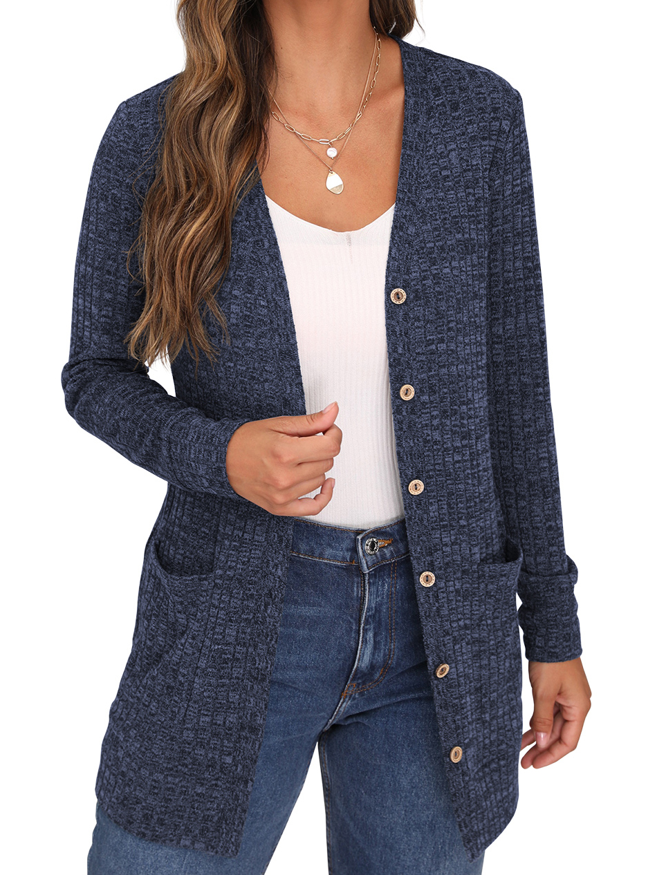 NINEXIS Womens Basic Crew Neck Long Sleeve Button Down Cardigan ...