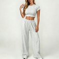 thumbnail image 2 of TZZQ Womens 2 Piece Matching Lounge Sets Slim Fit Short Sleeve Scoop Neck Crop Tops Low Rise Drawstring Baggy Wide Leg Pants with Pockets Stretchy Fitted Sets Basic Going Out Outfits Light Ashy L, 2 of 3