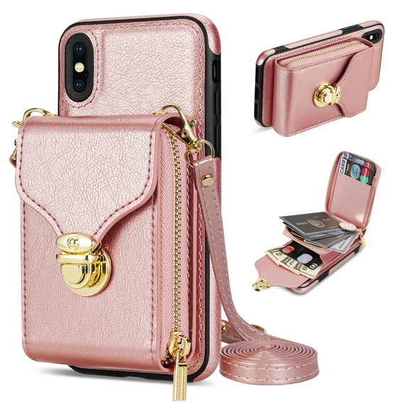 Nalacover Wallet Case for Apple iPhone XS Max,with Removable Adjustable Shoulder Strap,PU Leather Back Zipper Pocket Card Holder Stand Purse Shockproof Phone Case for Women Men,Rosegold