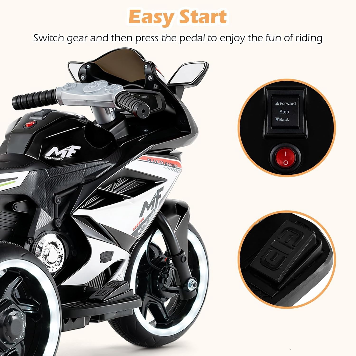 OLAKIDS 6V Kids Motorcycle with Forward & Reverse Switch, Headlight, Wheel Lights, Horn, Music, USB Port, 3-Wheel Ride on Toy for Toddler Aged 3+