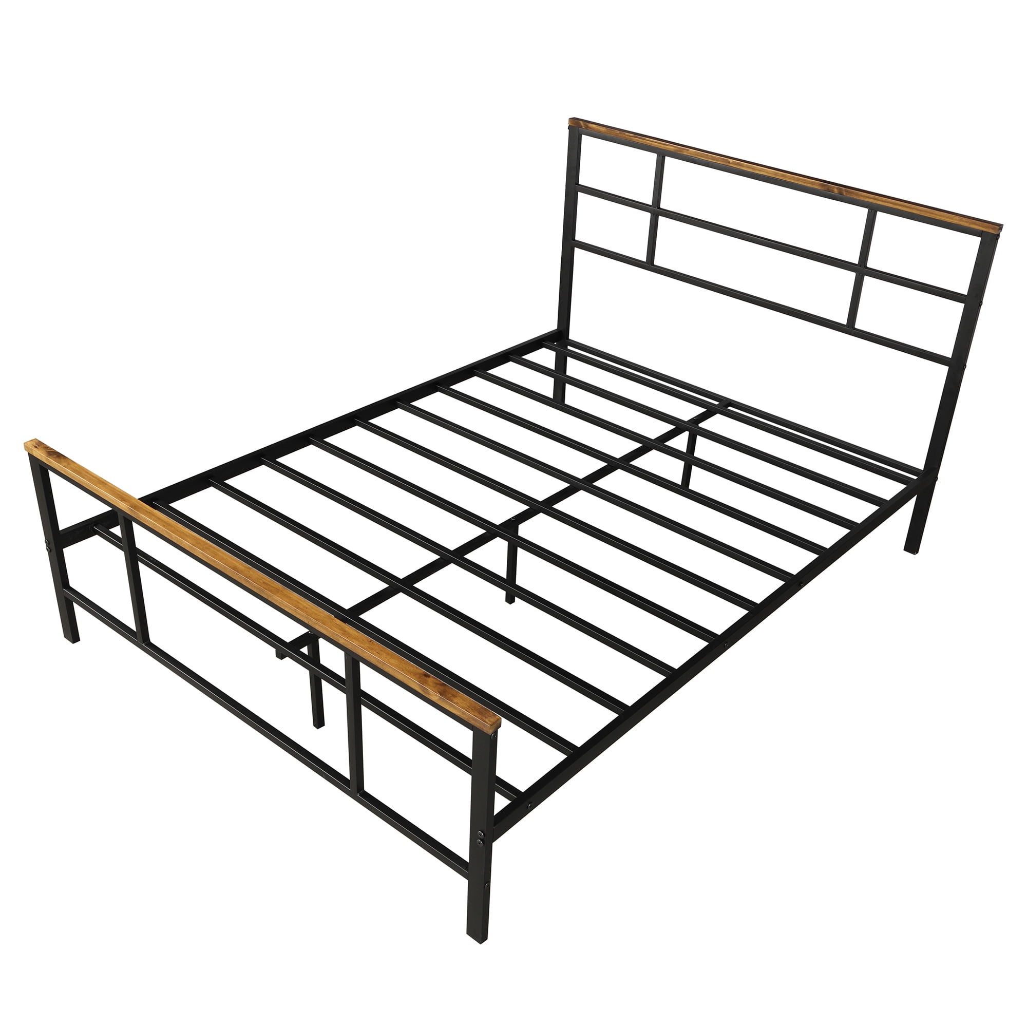 Kepooman Modern Queen Size Metal Bed Frame with Wood Decoration, Platform Bed with Headboard and Footboard, Black Kepooman Modern Queen Size Metal Bed Frame with Wood Decoration, Platform Bed with Headboard and Footboard, Black