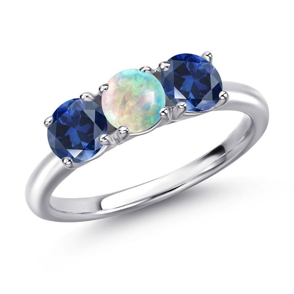 Gem Stone King 925 Sterling Silver Simulated White Opal and Blue Created Sapphire Engagement Ring for Women | 1.70 Cttw | Round Cabochon 5MM | Gemstone October Birthstone | Size 6