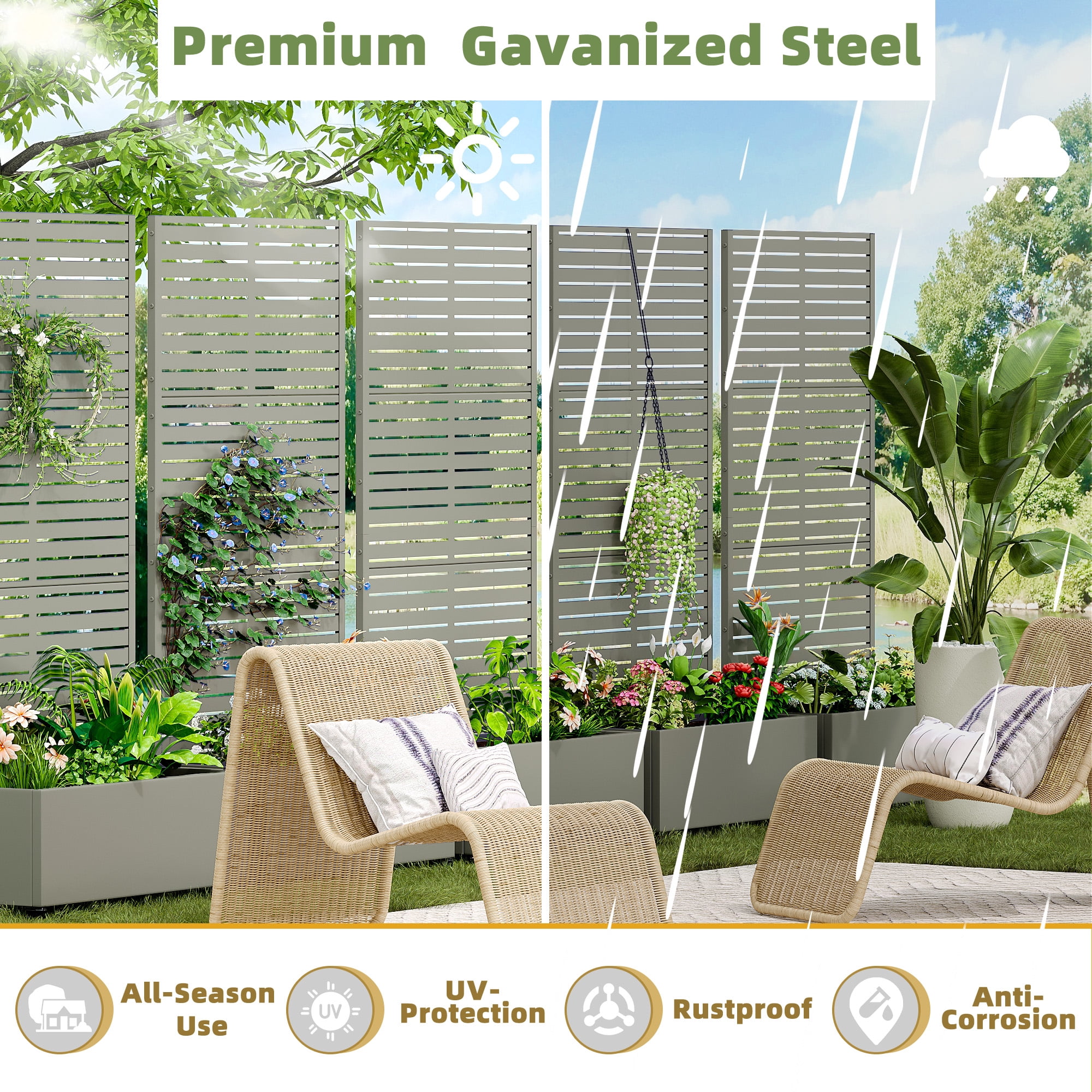 MAYEERTY 35*16*71"Outdoor Gray Metal Planter with Rect Louvered Climbing Trellis, Drainage hole & Wheels