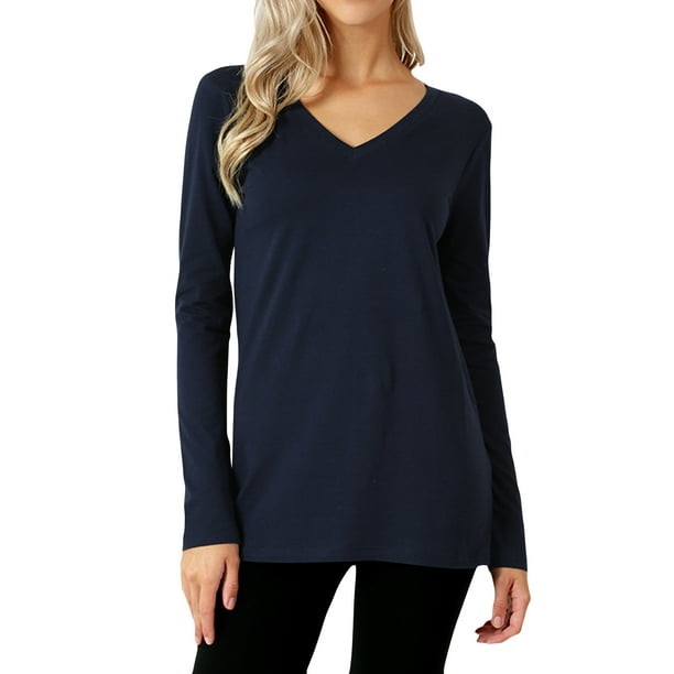 TheLovely - Women Casual Basic Cotton Loose Fit V-Neck Long Sleeve T ...