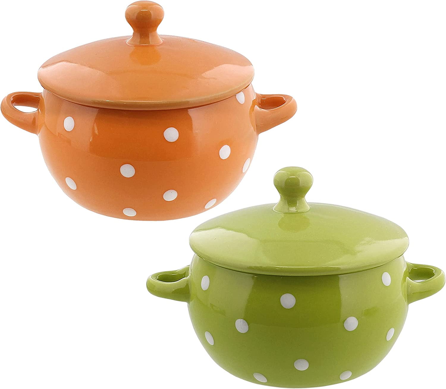 Servette Home Soup Bowls with Handles and Lids Ceramic Polka Dot Set of