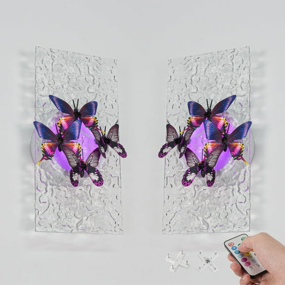 Kiven Battery Operated Wall Sconce with Remote Control,Acrylic Wireless Wall Sconces Indoor,Set of 2 Dimmable Wall Light for Hallway Bedroom Home Decor,3D Butterfly Wall Decor(No.5/15)