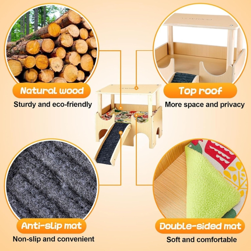 Zecic Ventilated Guinea Pigs Hideouts House Habitat Cage Playgrounds for Small Wood Rodents House 3 Entrance Hideaways With SlipProof Ramp 2 Decker Design