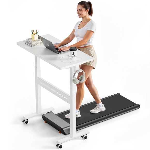 Mobile Walking Pad Desk with Wheels - Pneumatic Small Rolling Standing Desk Riser (28-43.7”) Perfect for Treadmill & Portable Computer Table for Home Office - Chic White Design