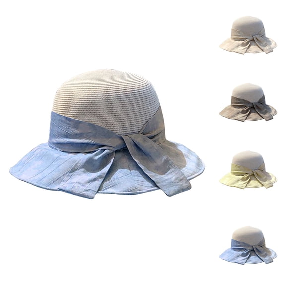 Women's Elegant Linen-Blend Boater Hat with Large Bow, Sun-Protective Straw Hat for Beach Vacations, Church Events and Summer Outfits, Classic Wide Brim Hat-Blue