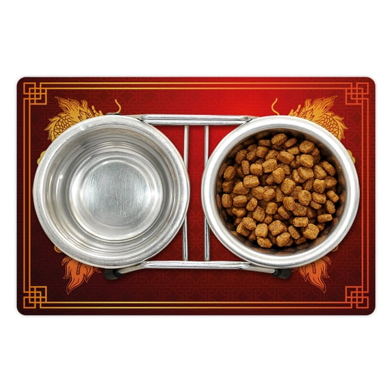 Dragon Pet Mat for Food and Water, Chinese Heritage Historical Eastern Motif Creature Design, Non-Slip Rubber Mat for Dogs and Cats, 18" X 12", by Ambesonne