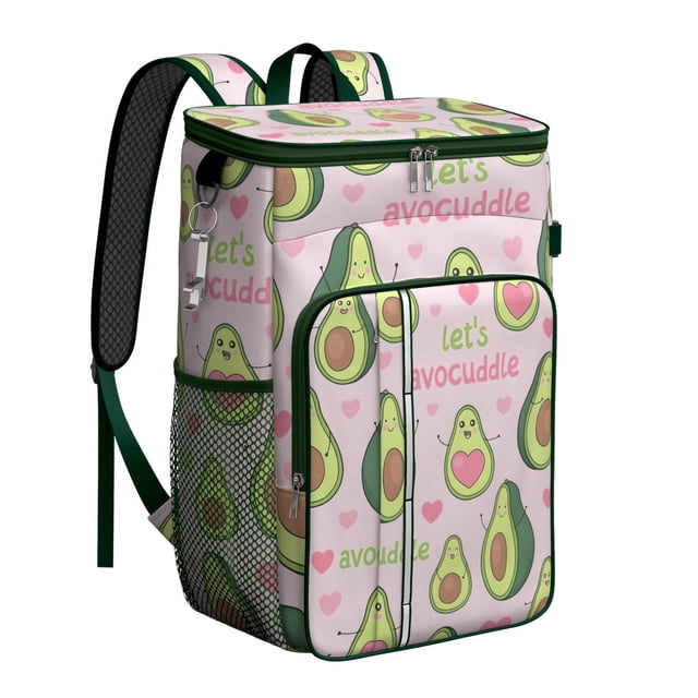 Cute Avocado and Fruit Pattern Cooler Backpack, Leakproof Lunch Bag with Kawaii Design for Summer, Work, and Road Trips