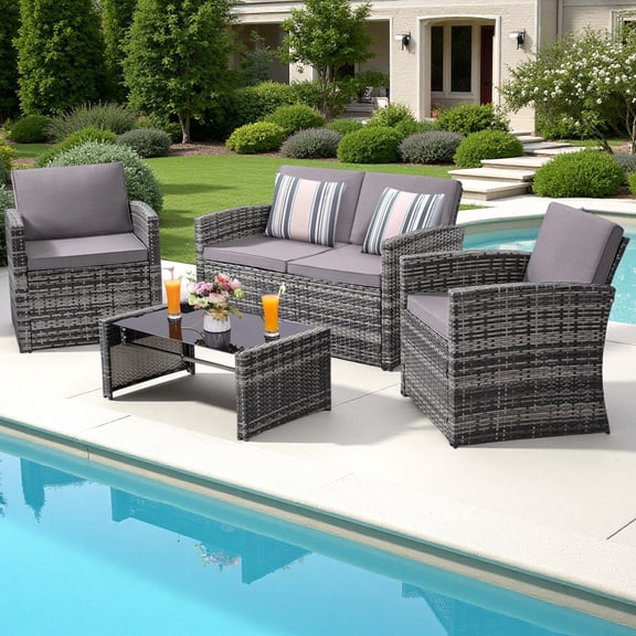 Skandiquip 4‑Piece Outdoor Wicker Patio Furniture Set, All‑Weather Waterproof Rattan with Thick Comfort Cushions for Patio, Garden, Porch & Backyard, Gray