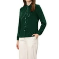 thumbnail image 4 of INSPIRE CHIC Women's Contrast Stitch Bow Tie Collar Long Sleeve Elegant Work Office Button Front Shirt Green XS, 4 of 5