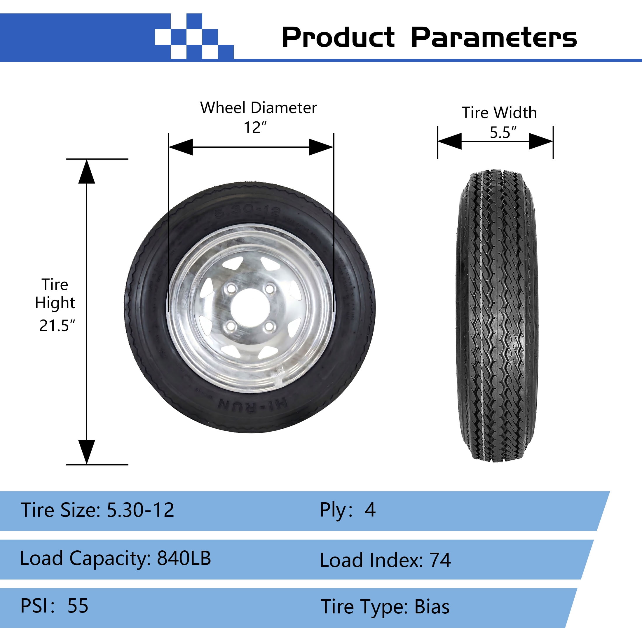 Hi-Run 2 Set SU02 5.30-12 4PR Boat Trailer Tire and 4-Lug Galvanized 8 Spoke Wheel Assembly