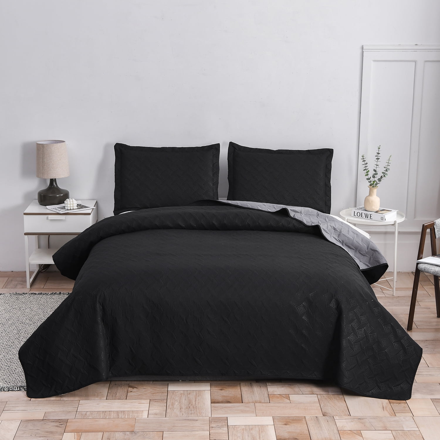Jessy Home Queen/Full Size Black Quilt Bedding Set Gray Quilt Microfiber Bedspread Coverlet Set ...