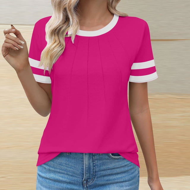 asjyhkr T-Shirts d'Été pour Femmes Col Rond Chemises à Carreaux Manches Courtes Tendance Décontractée Extensible Confortable Blouses à Blocs de Couleur