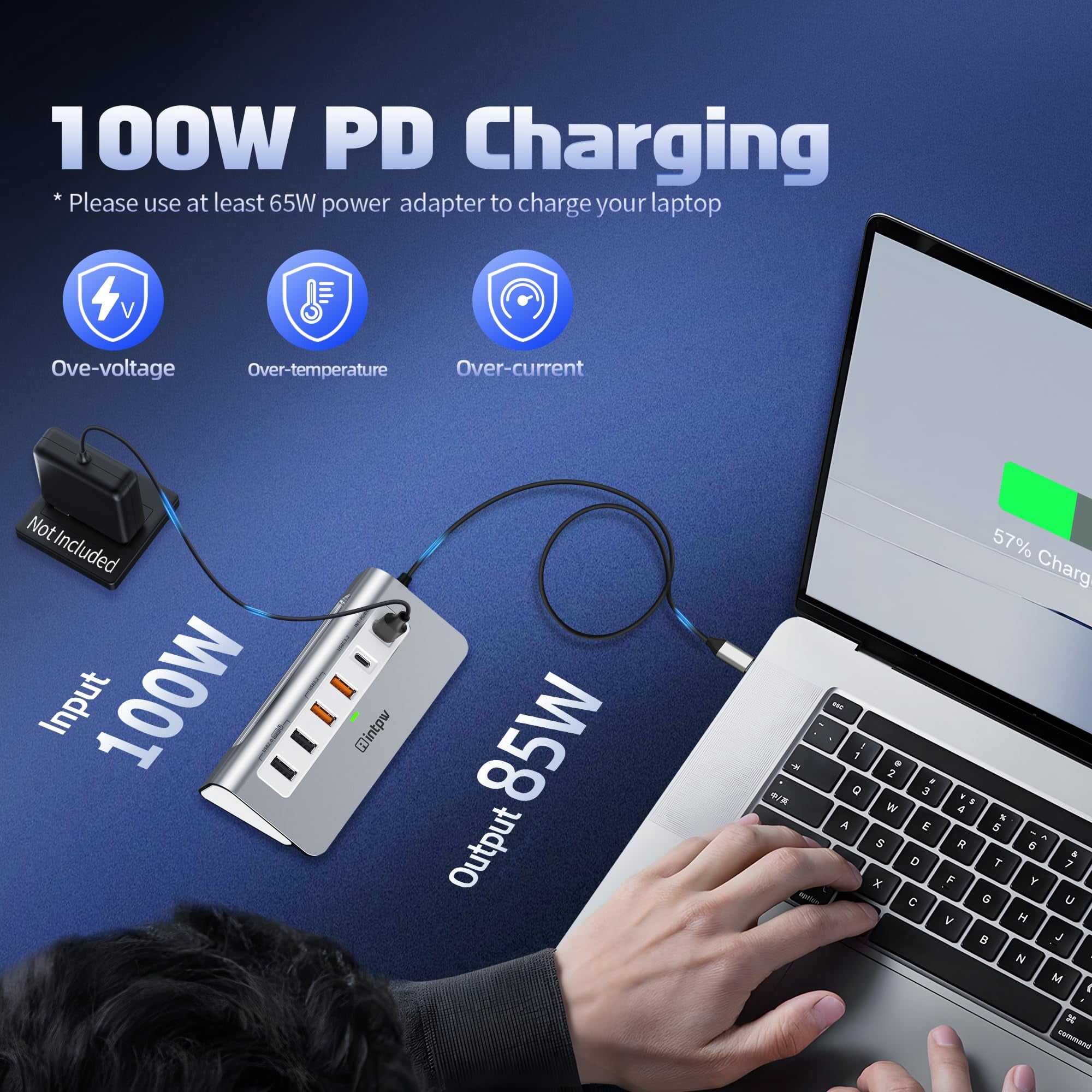 INTPW Powered USB C Hub for Laptop, 9-Port USB Hub with 10Gbps Data Transfer, 4K HDMI, 100W PD Charging, Multiport Adapter for MacBook, Windows PC