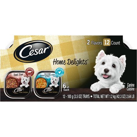 CESAR HOME DELIGHTS Soft Wet Dog Food Slow Cooked Chicken & Vegetables Dinner and Beef Stew Variety Pack, Easy Peel Trays, 3.5 Oz - 12 Count (Pack of 2)