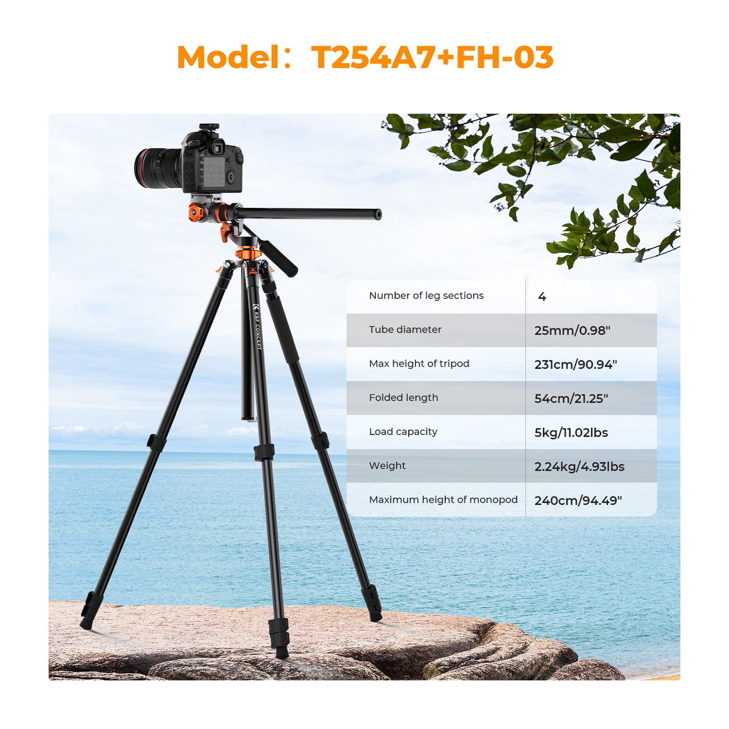 K&F Concept 91 inch/2.3m fluid head tripod video tripod Reversible Detachable Monopod Transverse Center Column horizontal 360 ° panoram