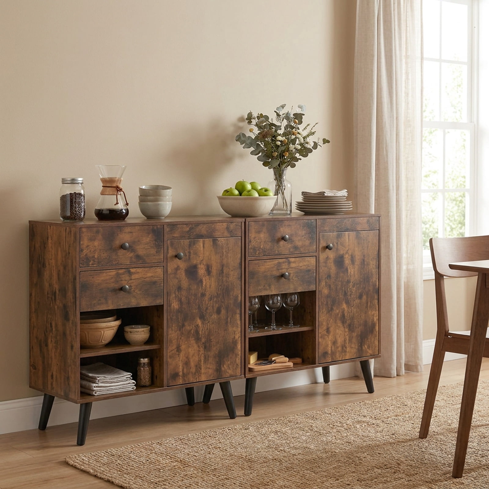 Furnibear 31" Sideboard Cabinet with 2 Open Compartments and 2 Drawers for Kitchen Dining Living Room Buffet Storage Server, Rustic Brown