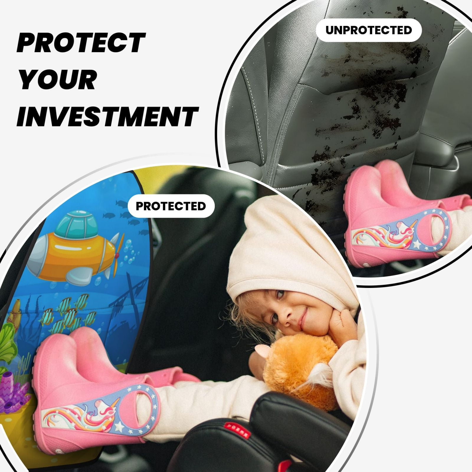 Xecao Submarine And Landscape Pattern Car Seat Back Protector 2 Pack Large Capacity Pocket, Kick Mats Back Seat Protector