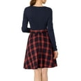 thumbnail image 4 of INSPIRE CHIC Women's Round Neck Long Sleeves Belted a-Line Buffalo Plaids Dress XS Navy Red, 4 of 9