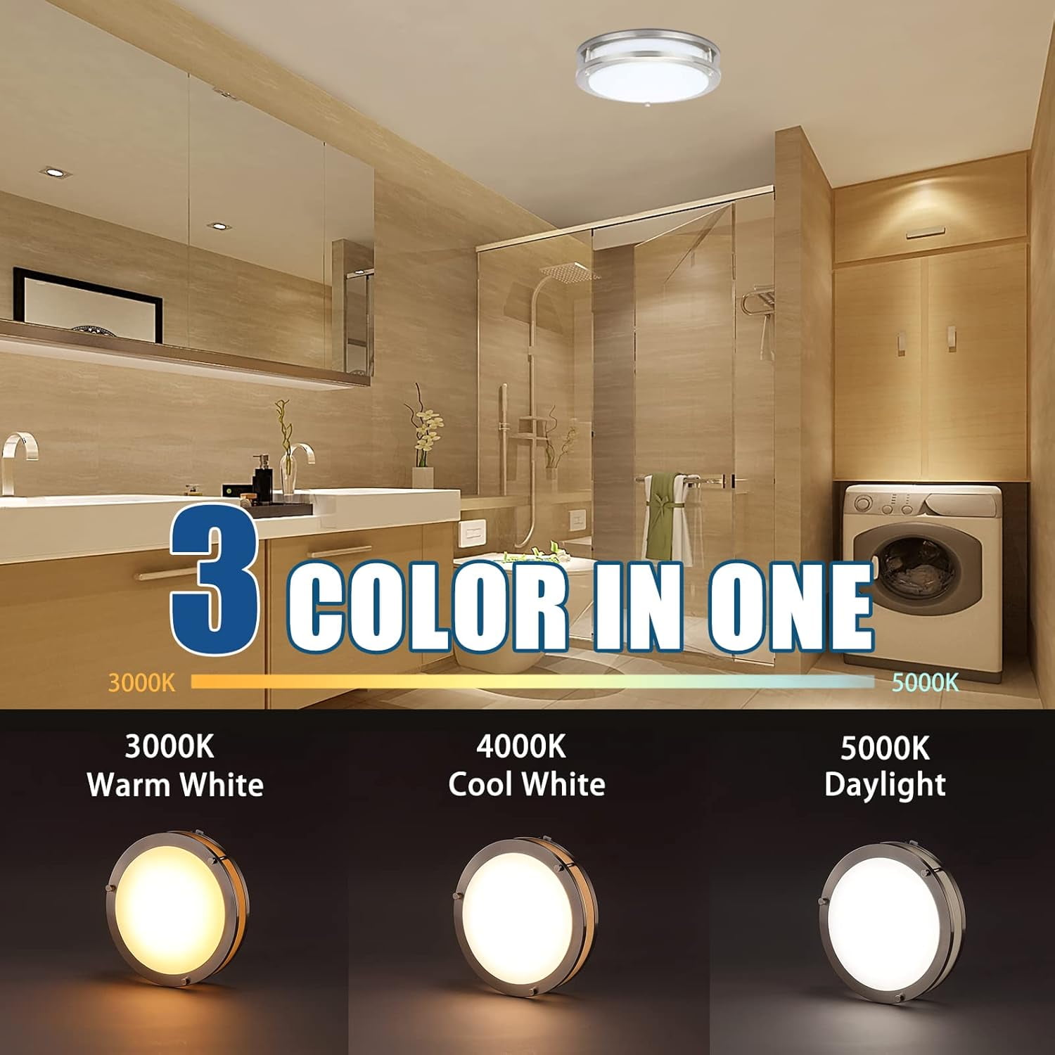 RGHJAR-LED Flush Mount Ceiling Light - 10 Inch Ceiling Light Fixtures 3000/4000/5000K Adjustable, 16W (120W Equivalent), 1350LM, Dimmable Light Fixture for Bedroom, Kitchen, Bathroom, Energy Star, ET