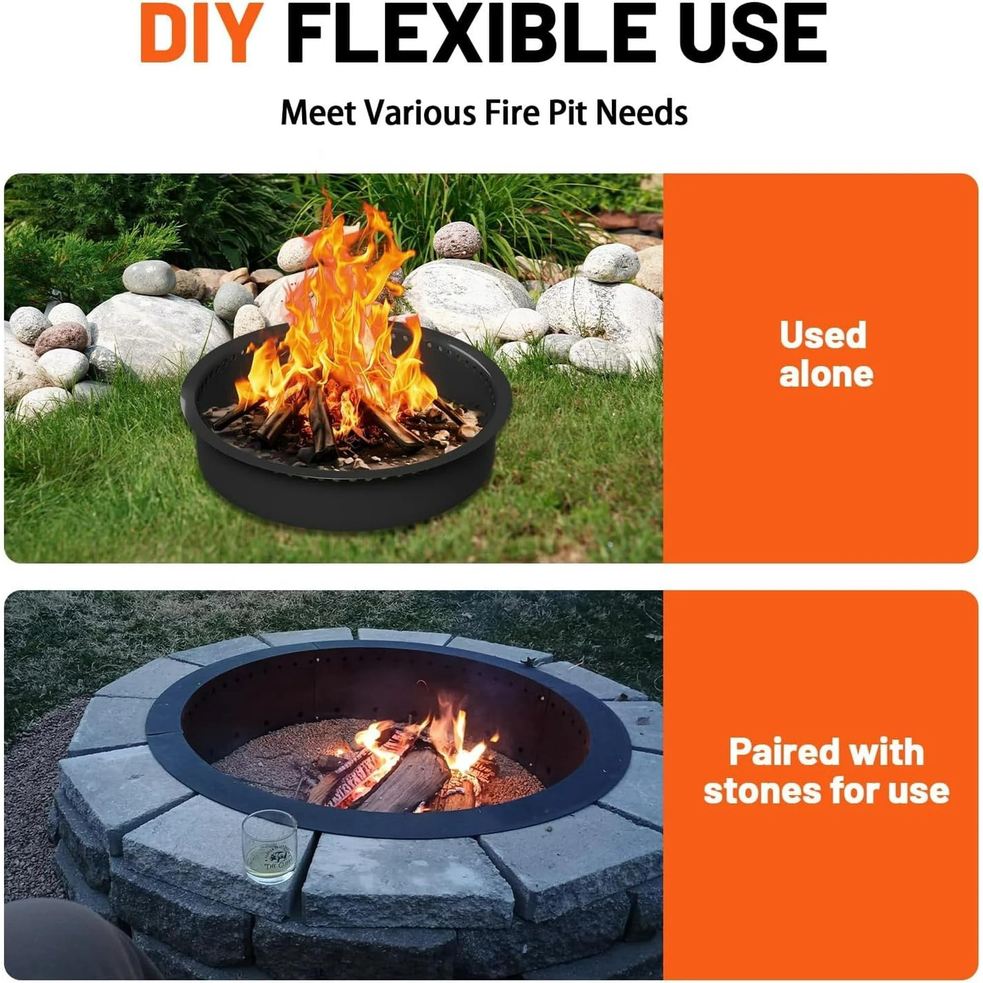 60 Inch Smokeless Fire Pit, Made of Carbon Steel, Outdoor Round Garden Fire Pit with Ventilation Holes, DIY Campfire Ring, Suitable for Burning Firewood