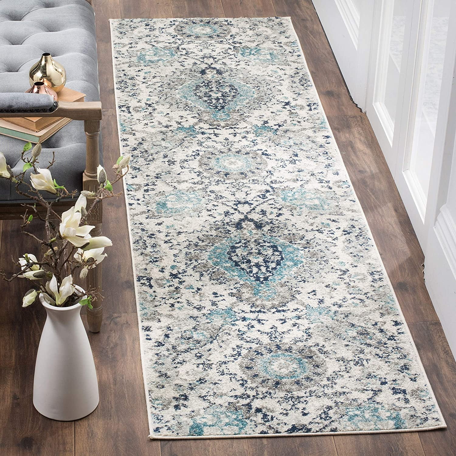 2' x 8' Blue SAFAVIEH Madison Collection MAD924F Oriental Boho Chic Distressed Non-Shedding Living Room Entryway Foyer Hallway Bedroom Runner Light Grey 