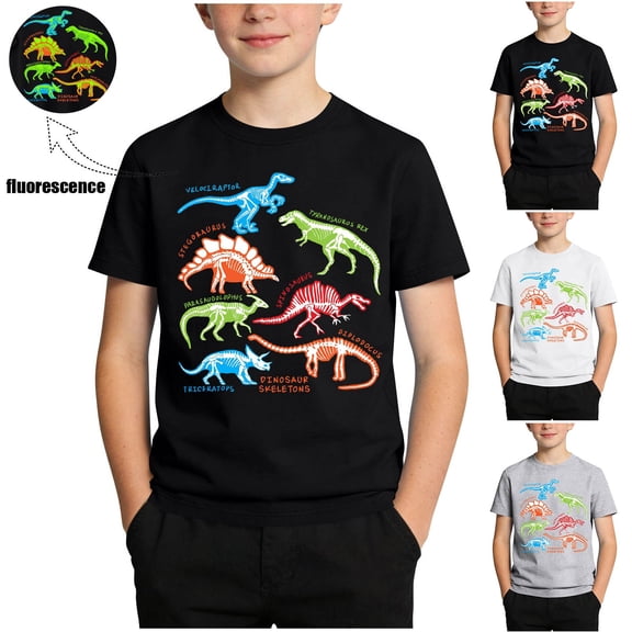 HAOTAGS Boys Glow-in-the-Dark T-shirts Round-Neck Short-Sleeve Graphic Tee Fun Soft & Breathable Summer Casual Cotton Top Black Size 5-6 Years