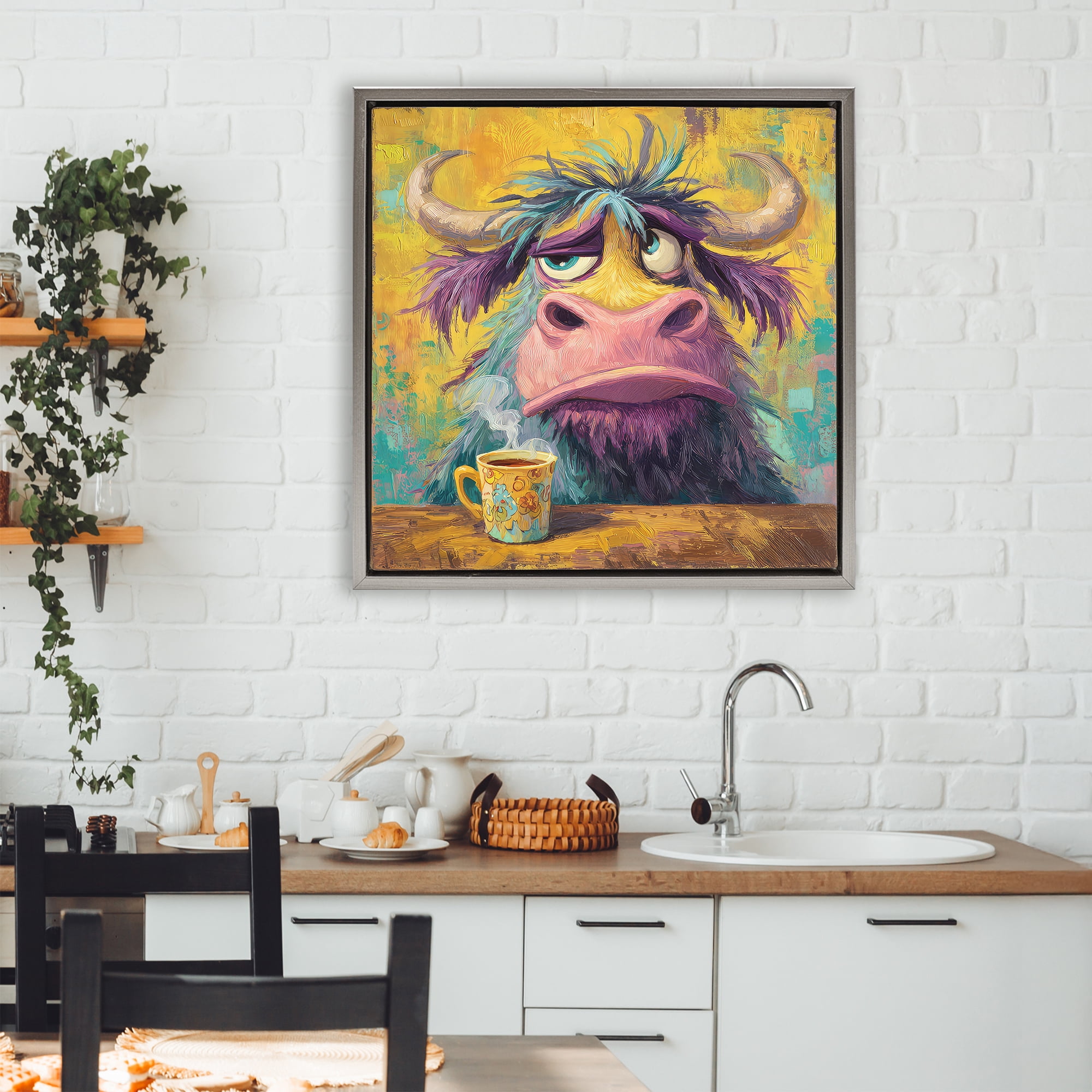 Stupell Industries Grumpy Cow & Mug Gray Framed Floater Canvas Wall Art, design by The Wands Want