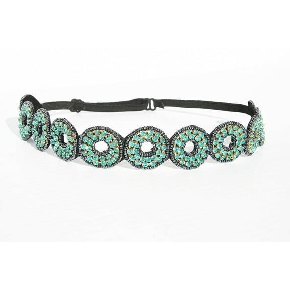 Blue Circle Rhinestone Diamond Adjustable Headband Elastic Vintage Gatsby 1920's style