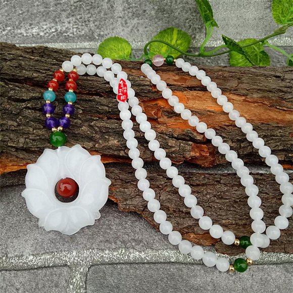 HOOUN Gold Silk Jade Double Sided Lotus Duobao Sweater Chain Jade Stone Necklace