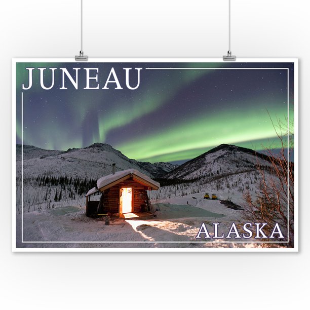 Juneau, Alaska Northern Lights & Cabin Lantern Press Photography