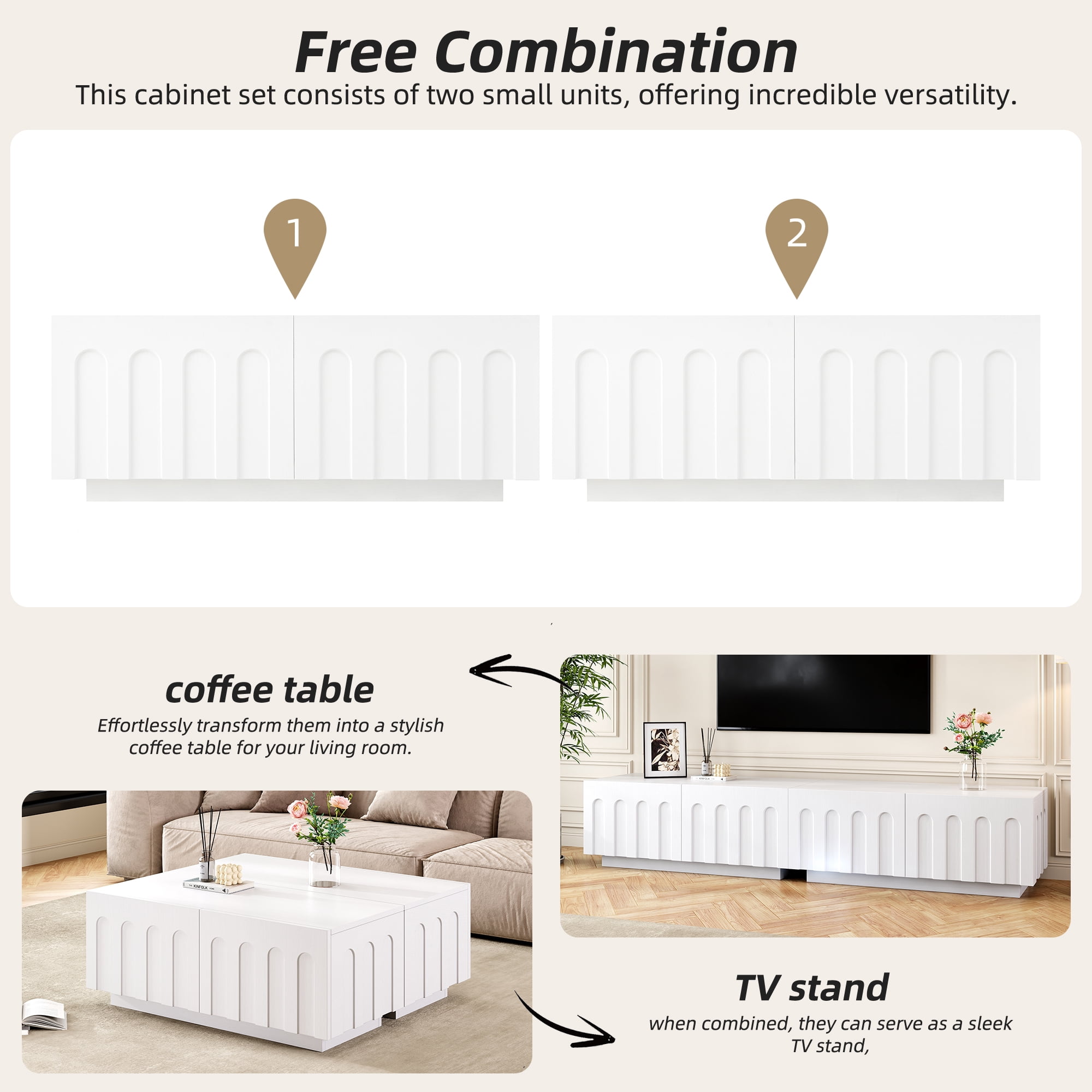 Euroco Elegant TV Stand with Arched Design for TVs Up to 80", Multi-Functional Organizer Cabinet with Storage for Living Room, Bedroom, White