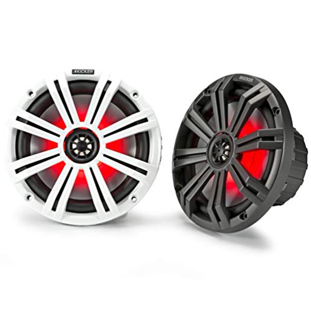 Kicker 45KM84L Haut-Parleurs Coaxials Marins 8 Pouces, Grilles Noires et Blanches, Lumières LED Rouges, 4-Ohm, 300 Watts Max, Paire